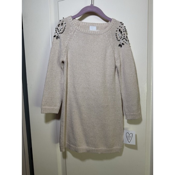 The Unbranded Brand Other - NWT Girls Size 4 Sweater Dress & Leggings Set Beige Embellished Rhinestone Beads